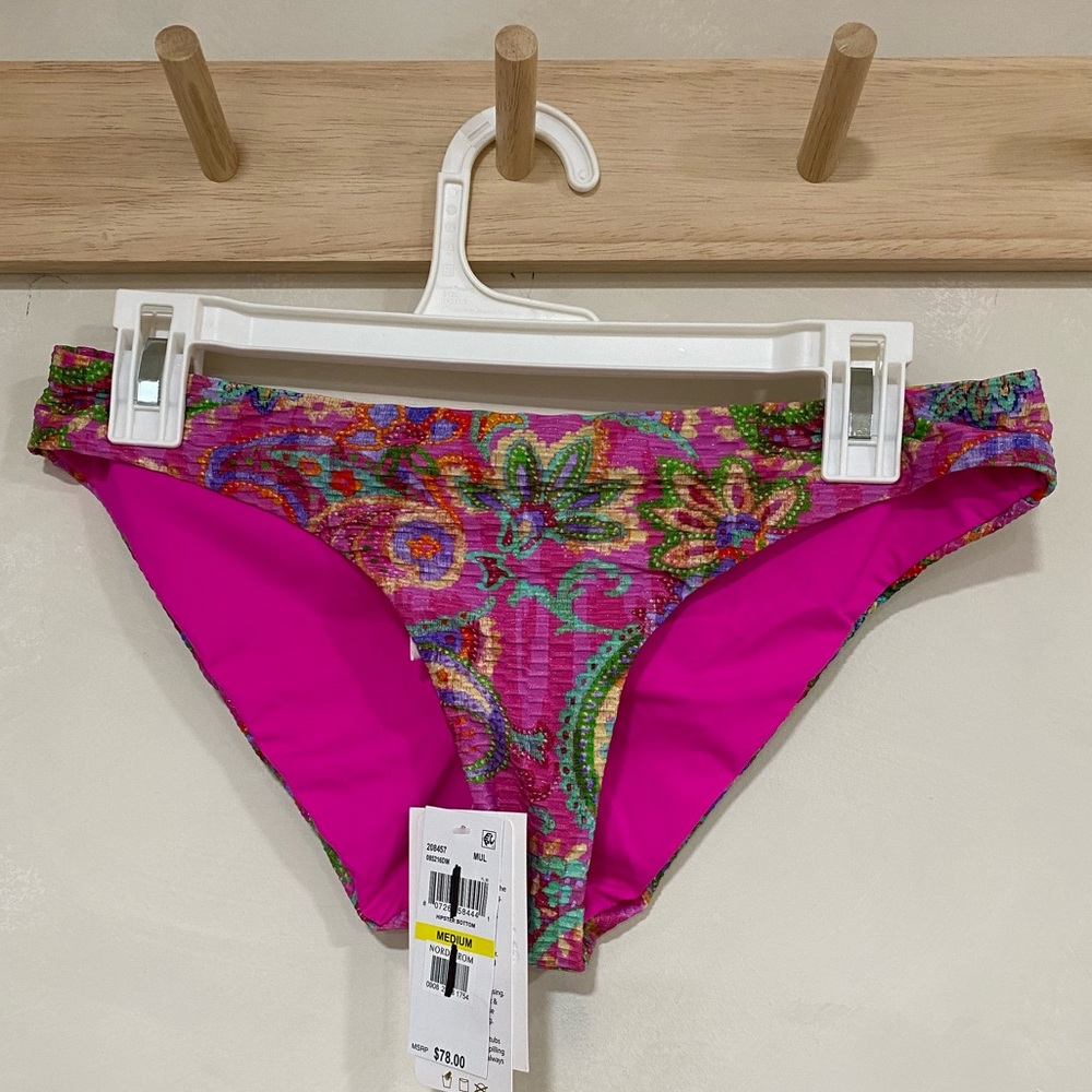 BECCA Adela Hipster Bikini Bottom Medium Pink Multi Paisley Floral Metallic NWT